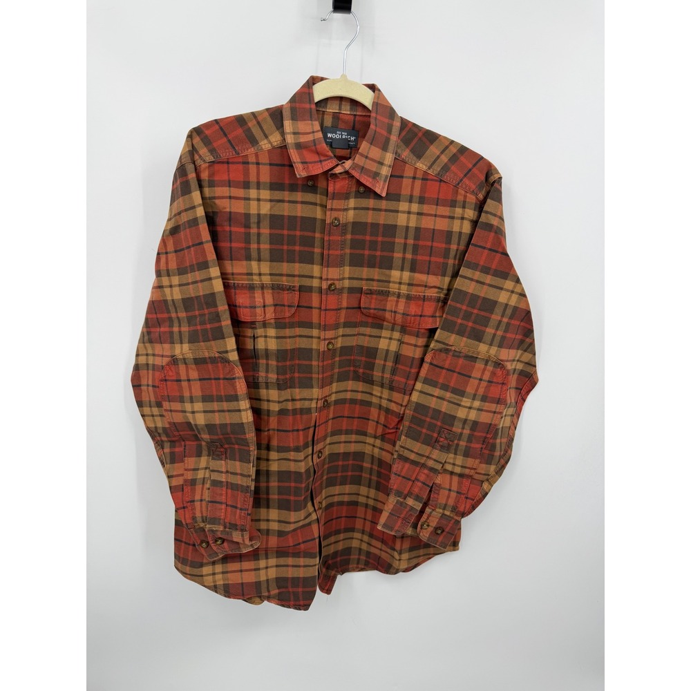 Woolrich Plaid Flannel Shirt Mens Large Orange Brown Elbow Patches Utility